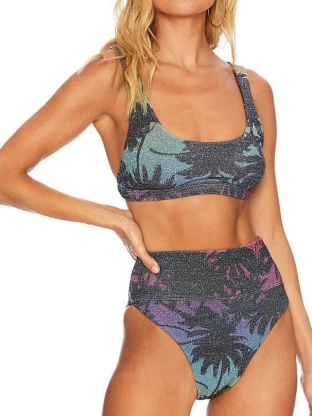 RARE 3pc Beach Riot x Revolve Bikini In Sparkly Rainbow Palm Madness Print - Picture 5 of 16